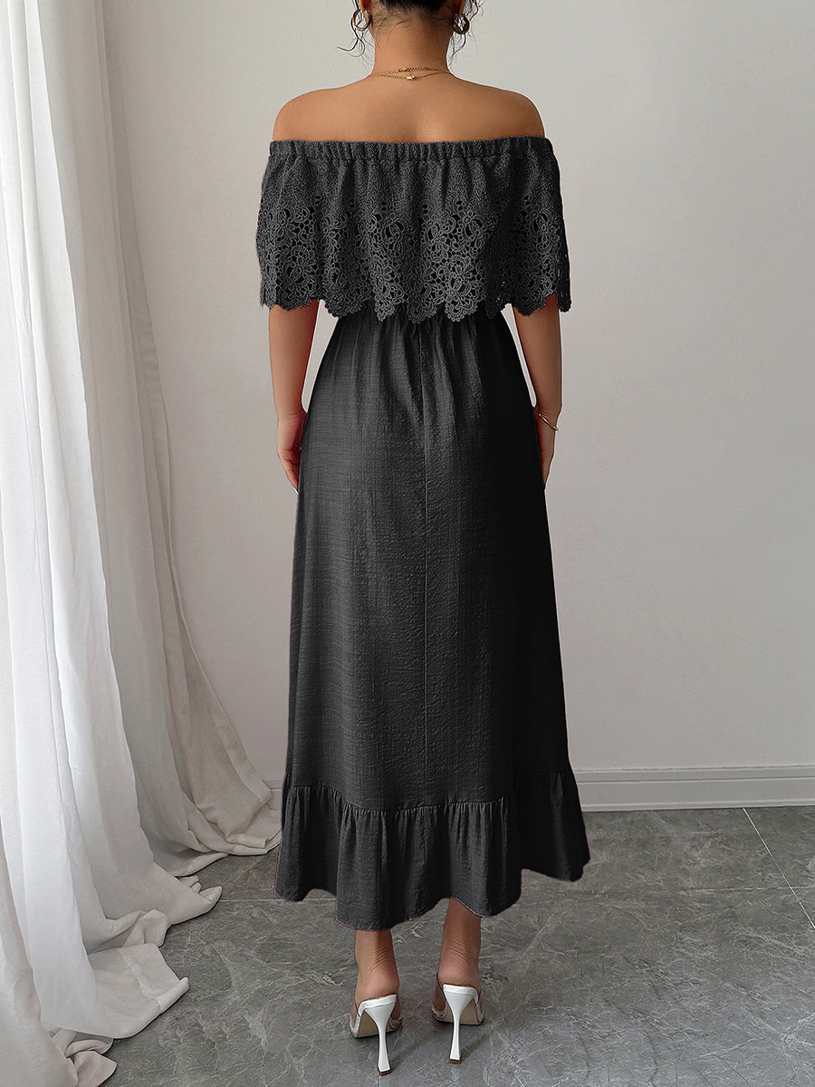 A-Line High Waisted Pleated Ruffled Solid Color Split-Joint One-Shoulder Midi Dresses