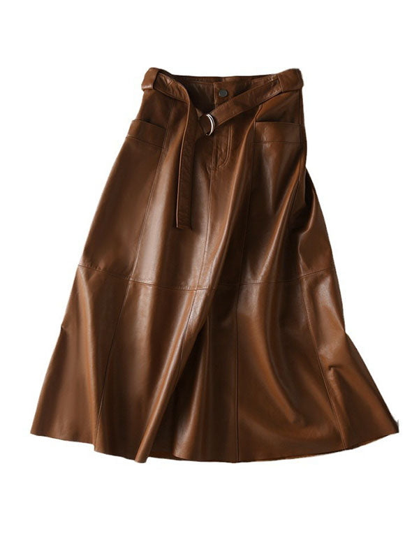 A-Line High Waisted Belted Buttoned Pockets Solid Color Split-Joint Zipper Skirts Bottoms