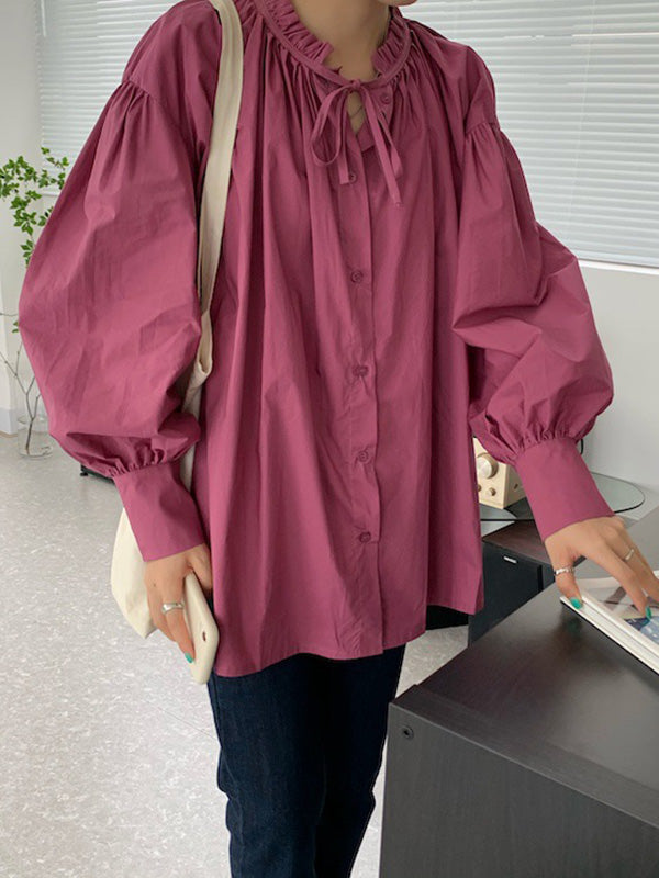 Urban Loose Puffärmel Agaric Laces Falbala Einfarbige Blusen