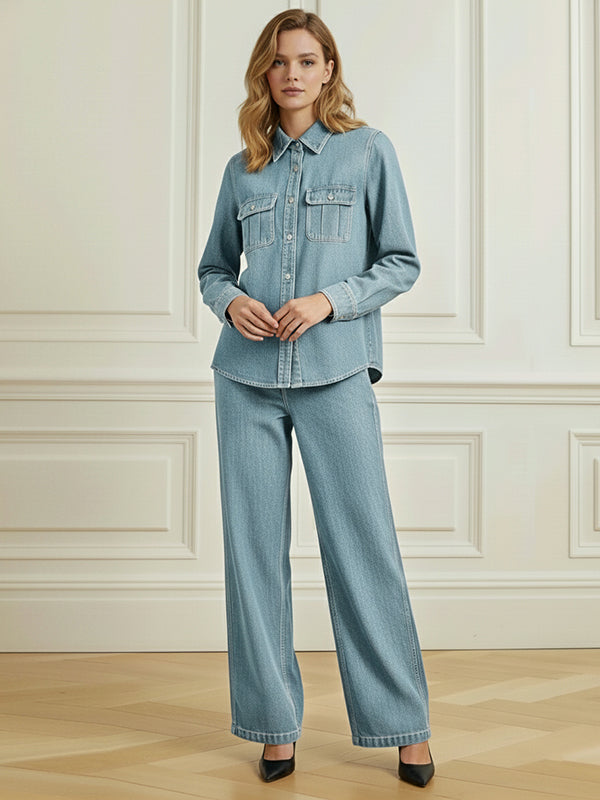 Loose Wide Leg Buttoned Pockets Solid Color Jean Pants Bottoms