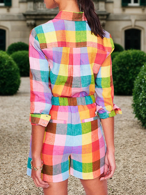 Loose Wide Leg Elasticity Rainbow Plaid Split-Joint Shorts Bottoms