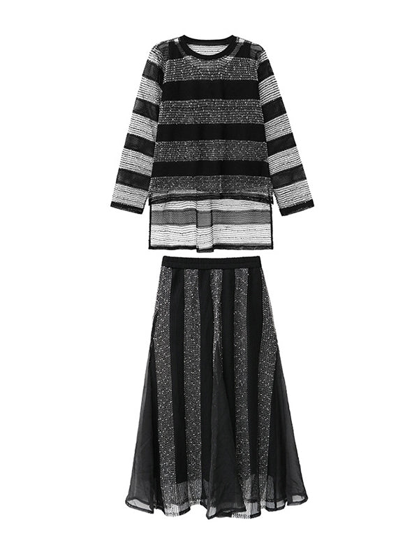 Striped Contrasting Color Elastic Round-Neck Long-Sleeved See-Through Blouses&Shirts Tops+ Skirt Bottom Two Pieces Set