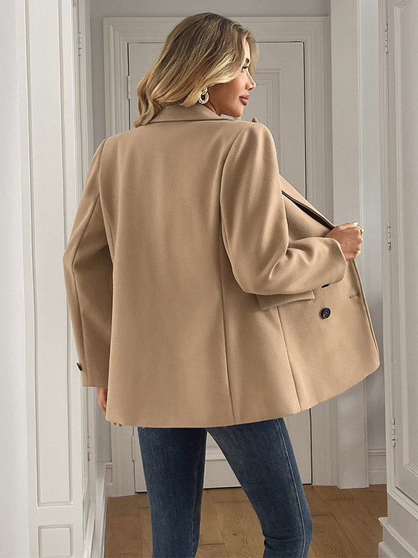 Long Sleeves Loose Buttoned Double-Breasted Solid Color Notched Collar Blazer Jackets&Coats Outerwear