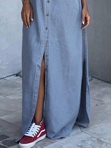 Long Sleeves Loose Buttoned Pockets Solid Color Lapel Maxi Dresses Shirt Dress