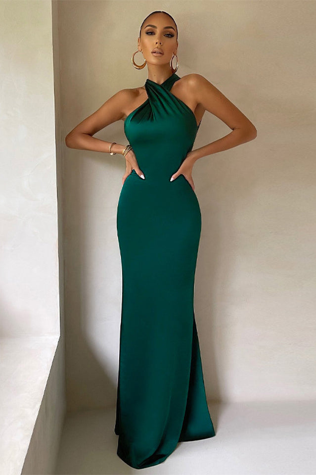 Bianca Cross Over Halter Neck Dress Emerald