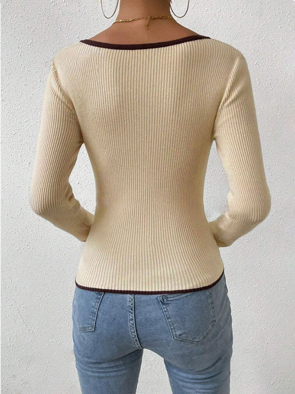 Long Sleeves Skinny Contrast Color Pleated Split-Joint V-Neck T-Shirts