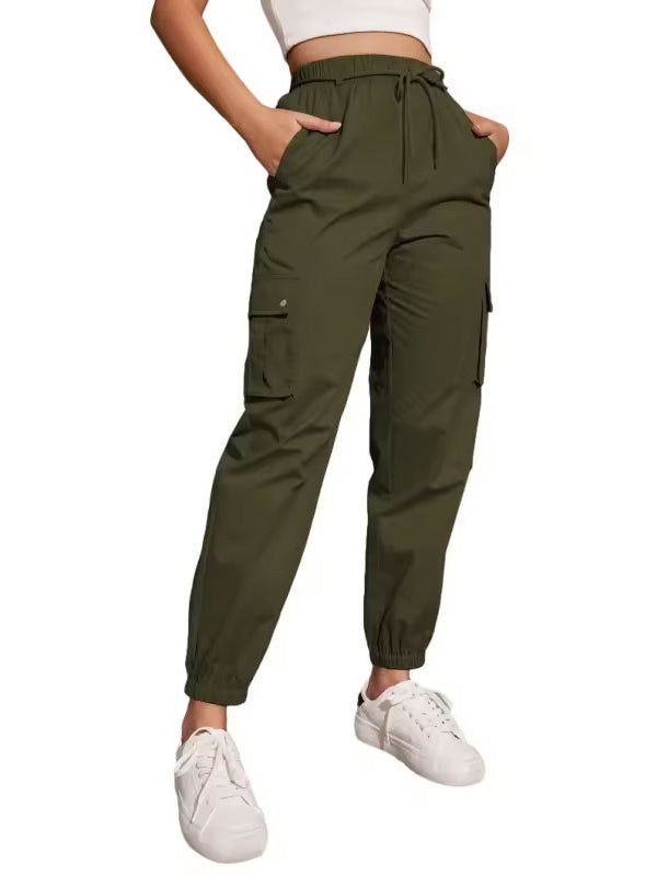 High Waisted Elasticity Pockets Solid Color Split-Joint Tied Waist Cargo Pants Trousers