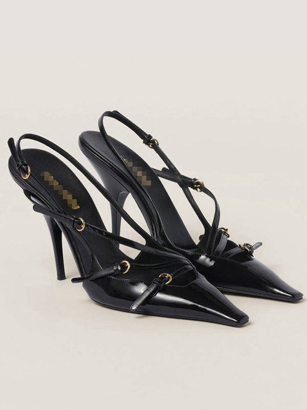 Belt Buckle Hollow Pointed-Toe Split-Joint Pumps Sandals Sling Shoes BLACK