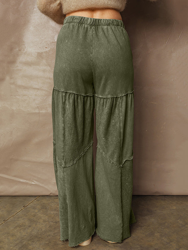 High Waisted Loose Drawstring Pleated Pockets Solid Color Split-Joint Pants Trousers