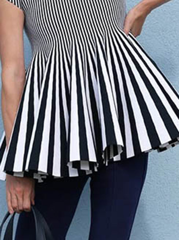 Short Sleeves Pleated Split-Joint Striped Patterns Lapel Blouses&Shirts Tops