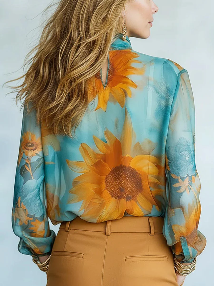 Long Sleeves Loose Contrast Color Flower Print See-Through Mock Neck Blouses&Shirts Tops