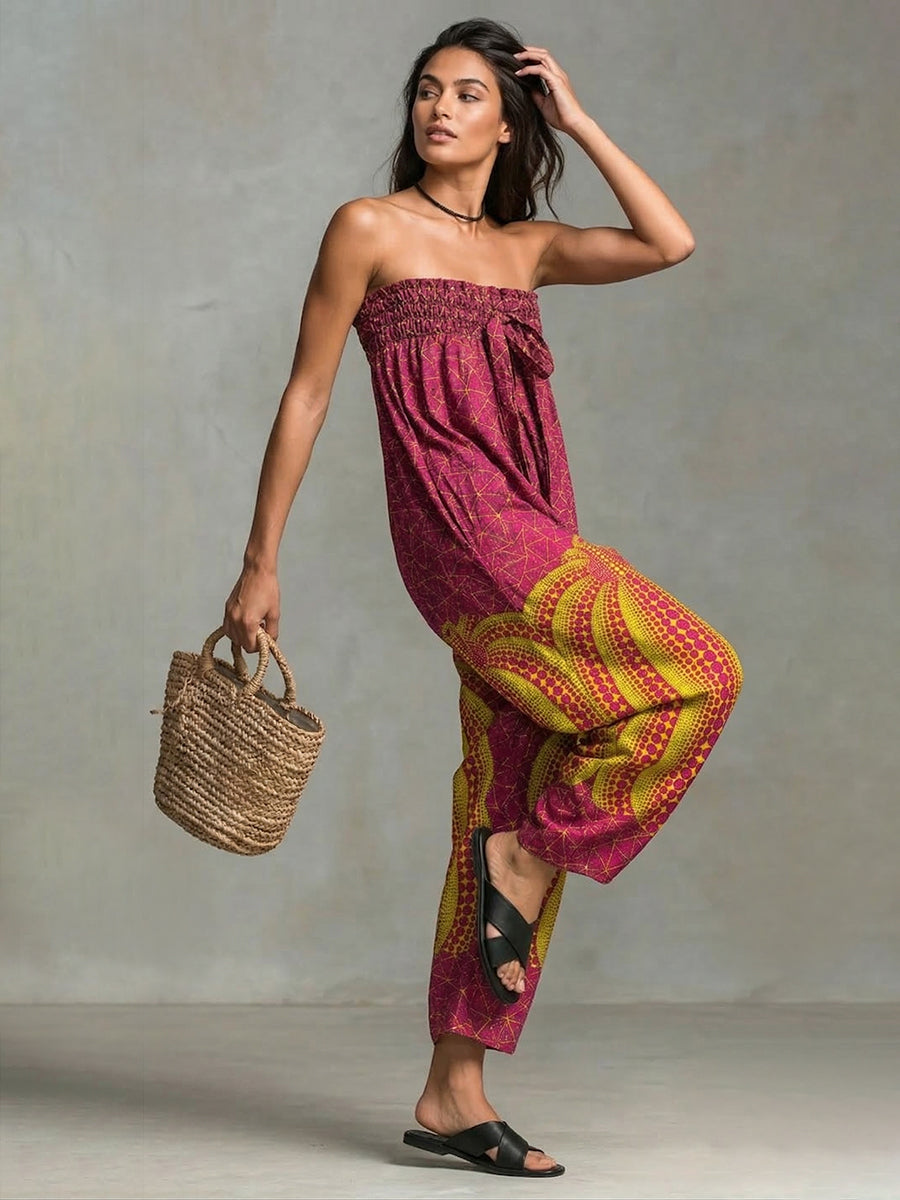 Sleeveless Wide Leg Contrast Color Elasticity Pockets Polka-Dot Printed Tied Tube Jumpsuits