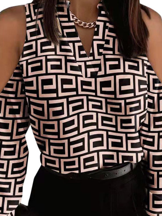 Chemisiers et chemises décontractés à manches longues, amples, de couleur contrastée, col en V ajouré