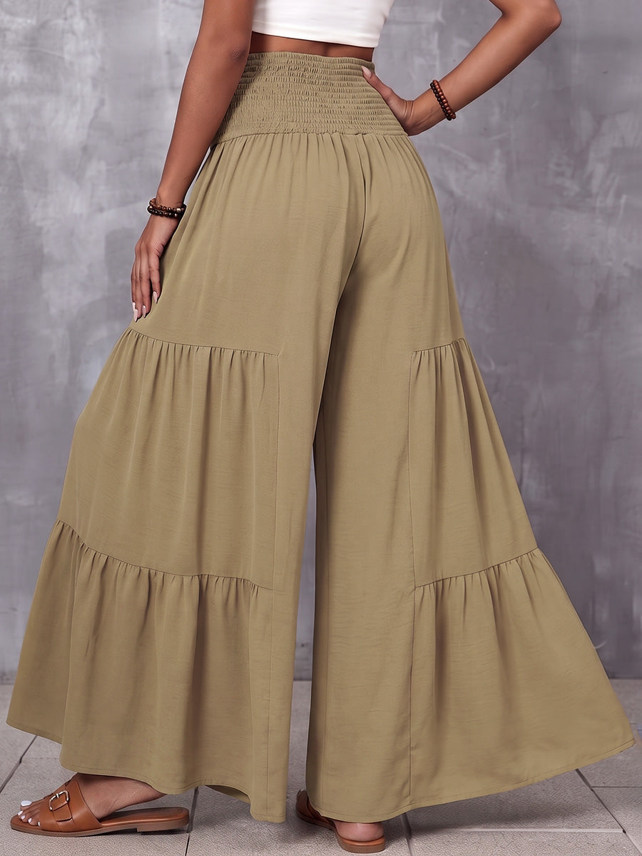 High Waisted Loose Elasticity Solid Color Split-Joint Tied Waist Pants Trousers
