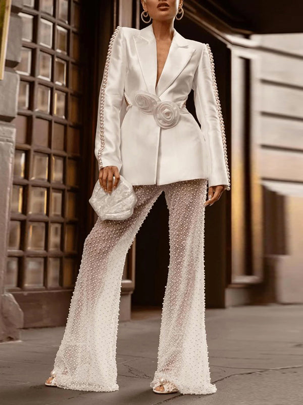 Long Sleeves Loose Backless Beaded Three-Dimensional Flower Deep V-Neck Blazer Outerwear