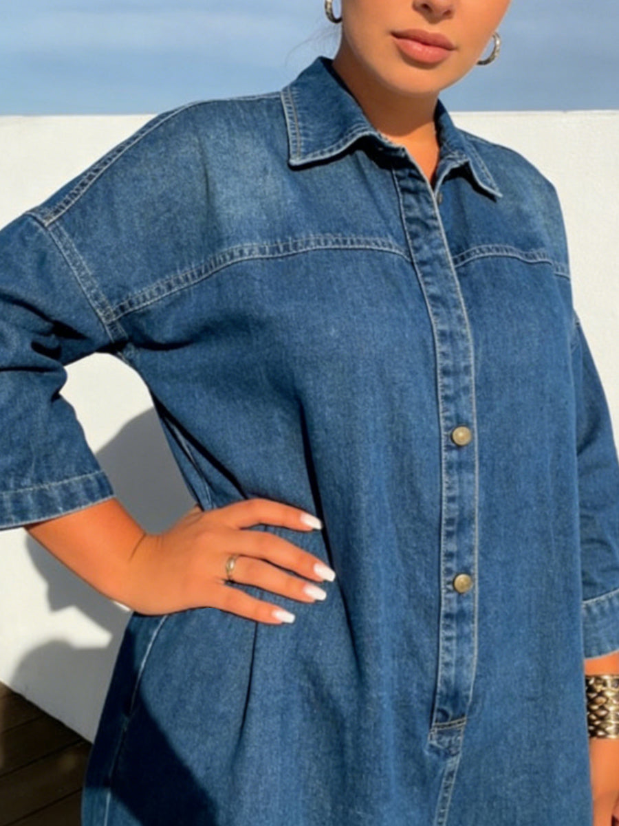 Loose Three-quarter Sleeves Buttoned Pockets Solid Color Split-Joint Lapel Jumpsuits