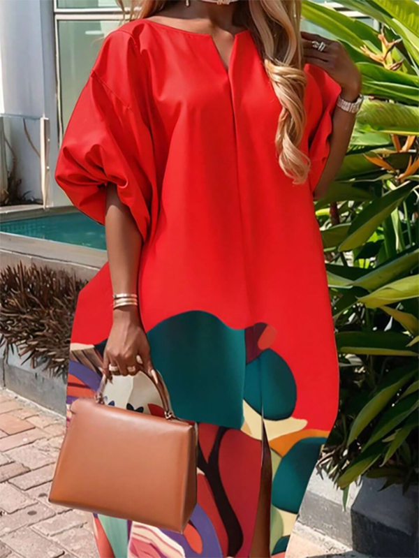 Lockere Puffärmel, elastischer Blumendruck, geteilte Vorderseite, Rundhals-Maxikleider