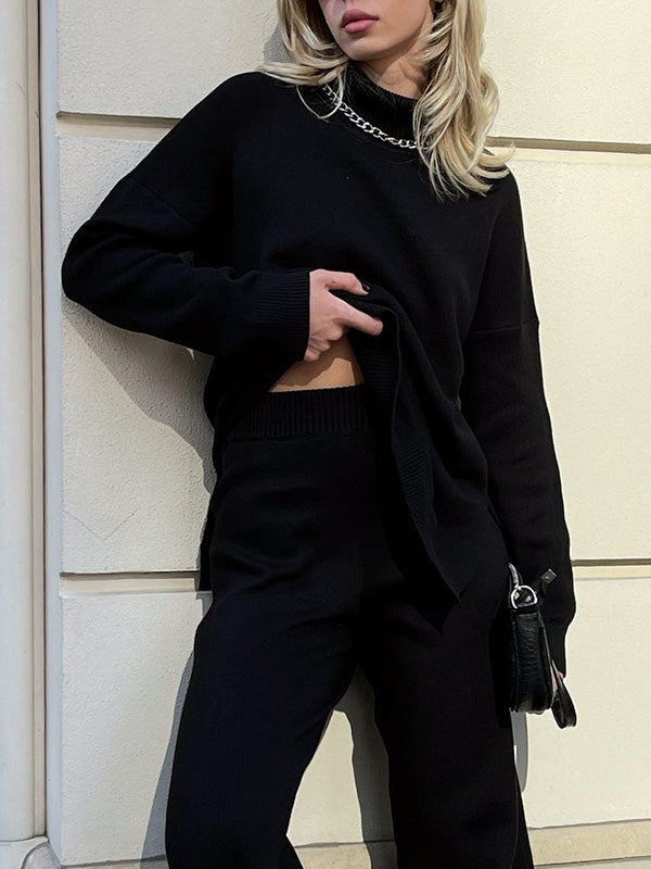Casual Loose Long Sleeves Split-Side Solid Color High-Neck Sweater Tops