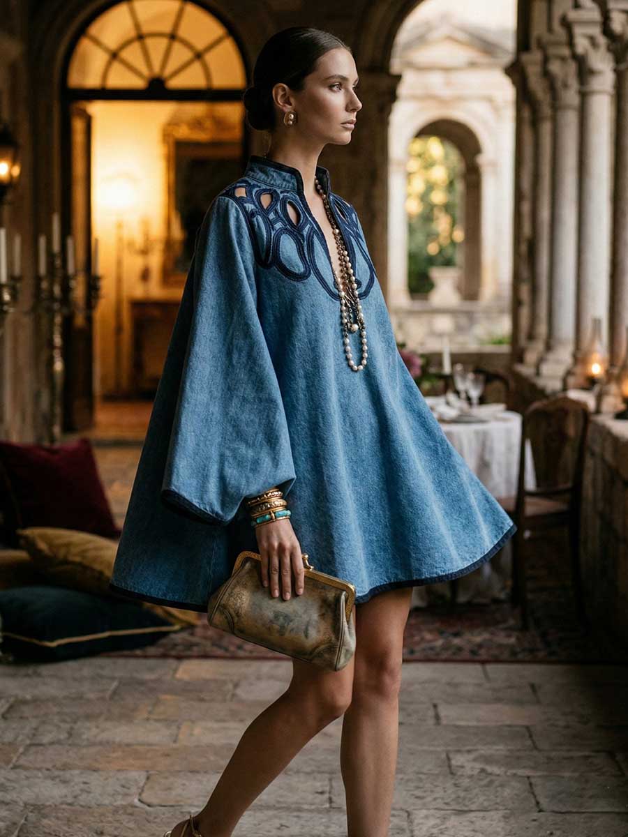A-Line Long Sleeves Contrast Color Hollow Split-Joint Stand Collar Mini Dresses
