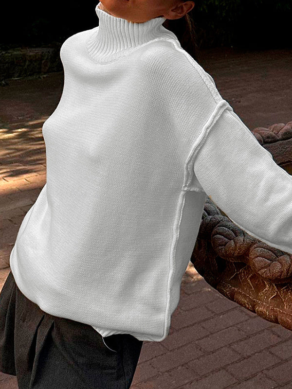 Long Sleeves Loose Solid Color Split-Joint High Neck Pullovers Sweater Tops