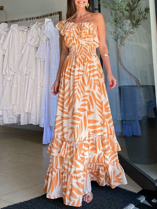 Lockere, schulterfreie Maxikleider mit kurzen Ärmeln und Falbala-Blatt-Print