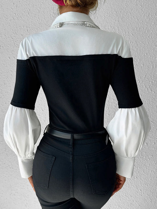 Split-Joint Pleated Contrast Color Buttoned Loose Long Sleeves Lapel Blouses&Shirts Tops