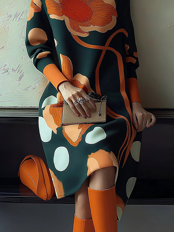 Long Sleeves Flower Print High Neck Midi Dresses