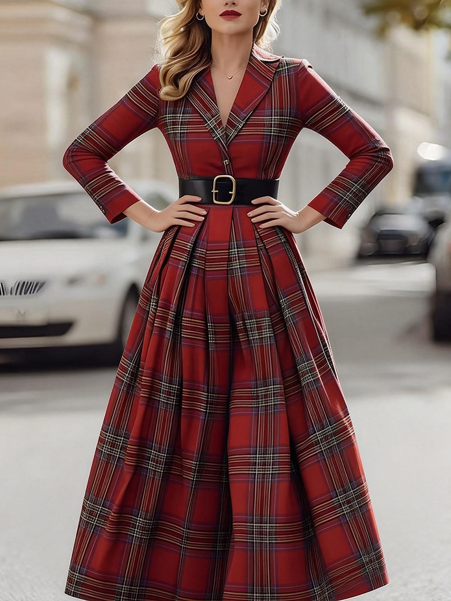 A-Line Bodycon Belted Contrast Color Plaid Split-Joint Lapel Maxi Dresses