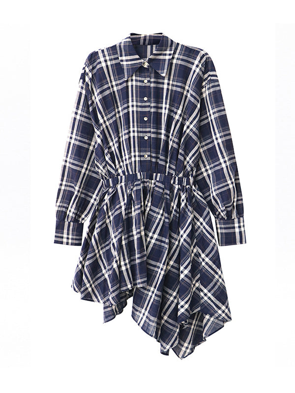 High-Low Irregularity Elasticity Plaid Lapel Collar Midi Dresses