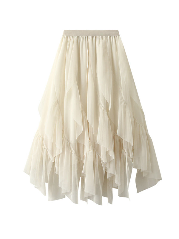 A-Line Loose Elasticity Gauze Pleated Solid Color Split-Joint Skirts