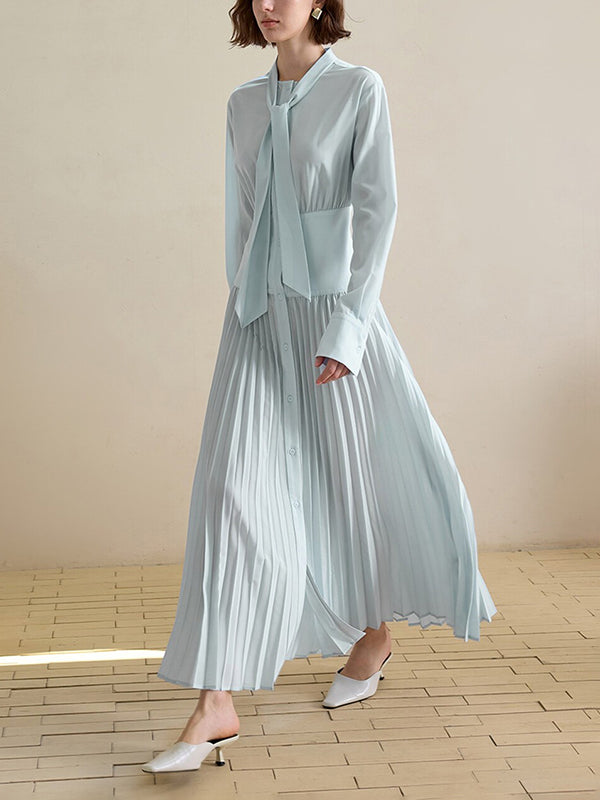 Long Sleeves Pleated Solid Color Split-Joint V-Neck Maxi Dresses