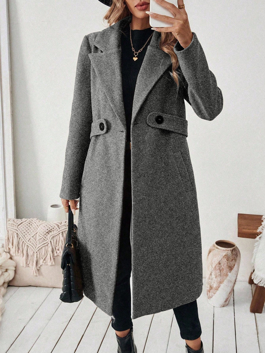 Solid Color Pockets Buttoned Loose Long Sleeves Notched Collar Woolen Coat