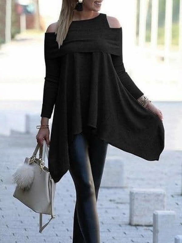 Einfache Unregelmäßigkeit Lose Hohle Volltonfarbe Kalte Schulter T-Shirts Tops