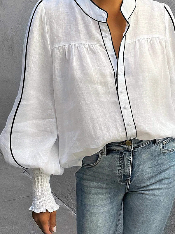 Chemisiers et chemises amples à manches longues, boutonnés, couleur contrastée, élastiques, fendus, col rond