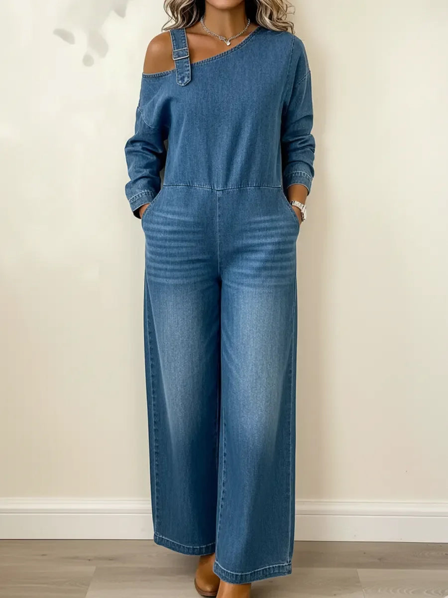 Long Sleeves Wide Leg Asymmetric Buckle Pockets Split-Joint Zipper One-Shoulder Jumpsuits