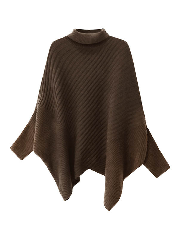 Batwing Sleeves Irregularity Asymmetric Ribbed Knit Solid Color Split-Joint High Neck Sweater Tops