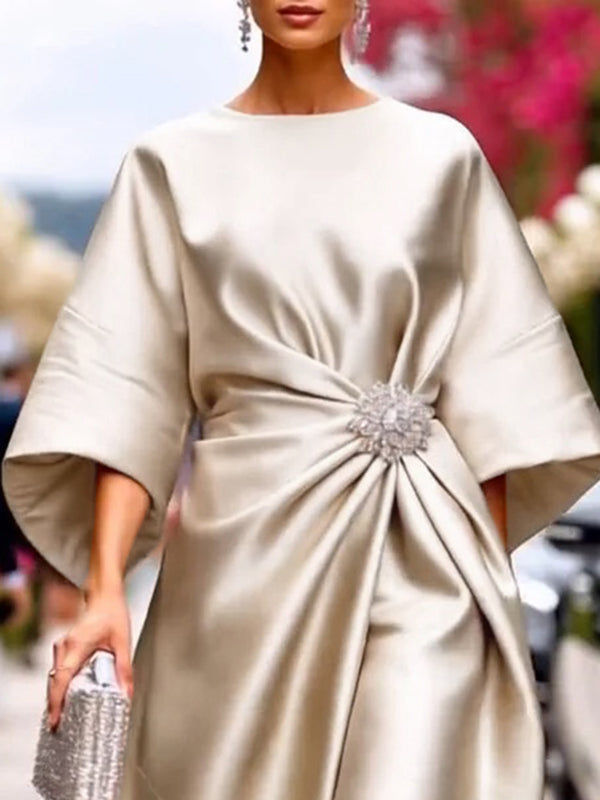 Loose Three-Quarter Sleeves Asymmetric Pleated Split-Joint Round-Neck Maxi Dresses