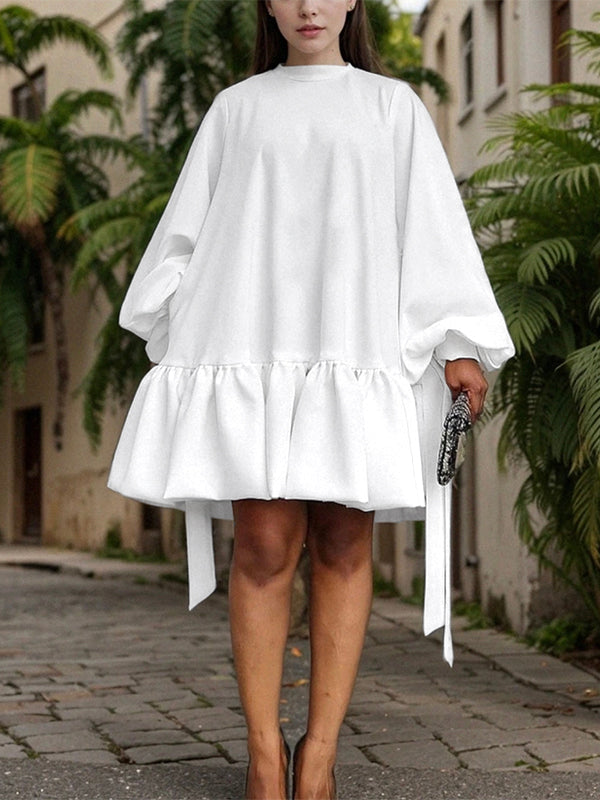 Long Sleeves Loose Falbala Solid Color Stand Collar Mini Dresses