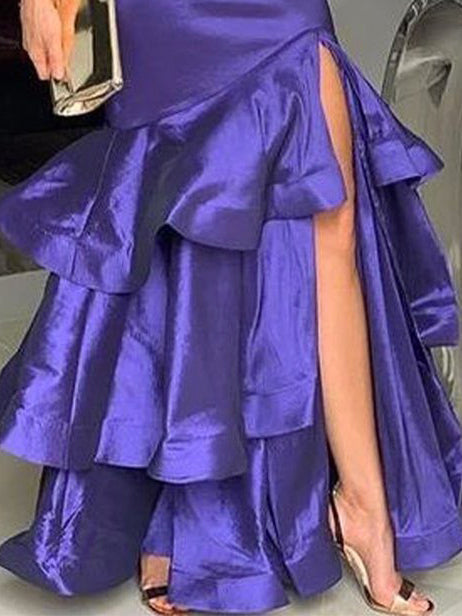 Jupe trapèze ample superposée de couleur unie avec fentes latérales