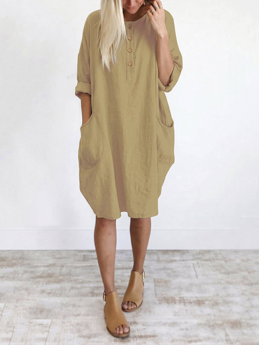 Long Sleeves Loose Pockets Solid Color Round-Neck Mini Dresses