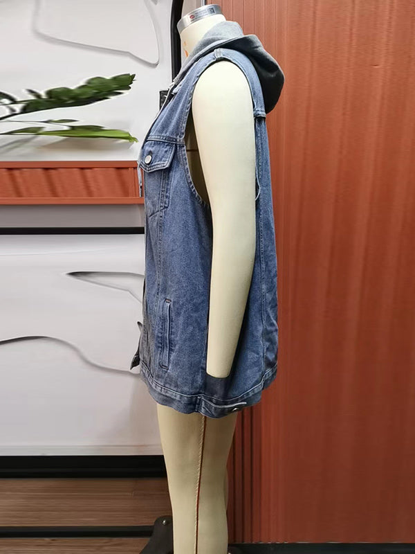Loose Sleeveless Buttoned Detachable Drawstring Hooded Pockets Split-Joint Polo Vest Outerwear