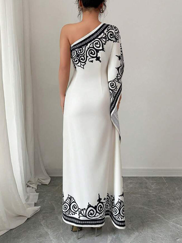 Batwing Sleeves Loose Asymmetric Elasticity Flower Print Pleated One-Shoulder Maxi Dresses