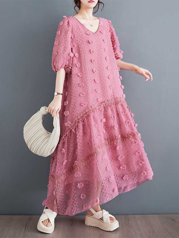 A-Line Half Sleeves Elasticity Jacquard Solid Color Split-Joint V-Neck Midi Dresses