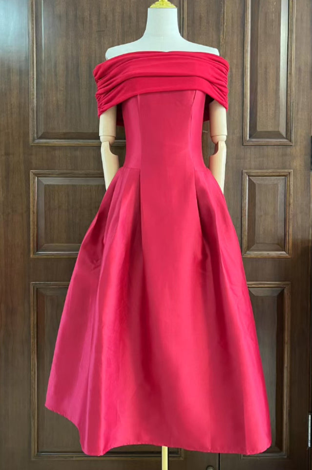 Vivian Off Shoulder Flare Satin Midi Dress