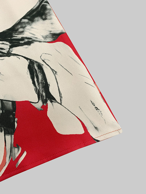 Loose Three-Quarter Sleeves Contrast Color Flower Print Round-Neck Midi Dresses