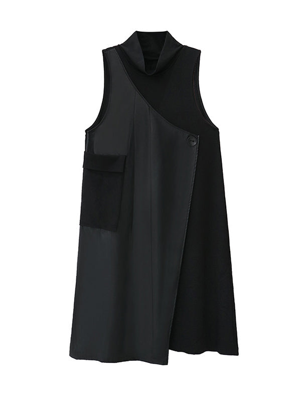 Irregularity Loose Asymmetric Buttoned Solid Color Split-Joint High Neck Midi Dresses