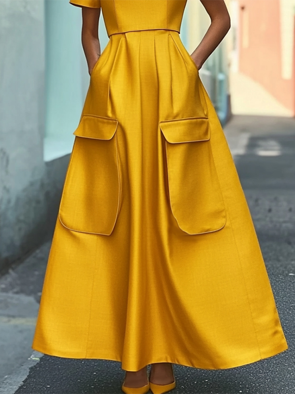 Short Sleeves Pockets Solid Color Stand Collar Maxi Dresses