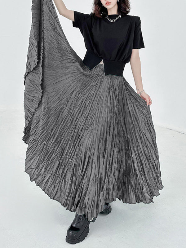 Jupes trapèze plissées taille haute à coupe irrégulière de couleur unie