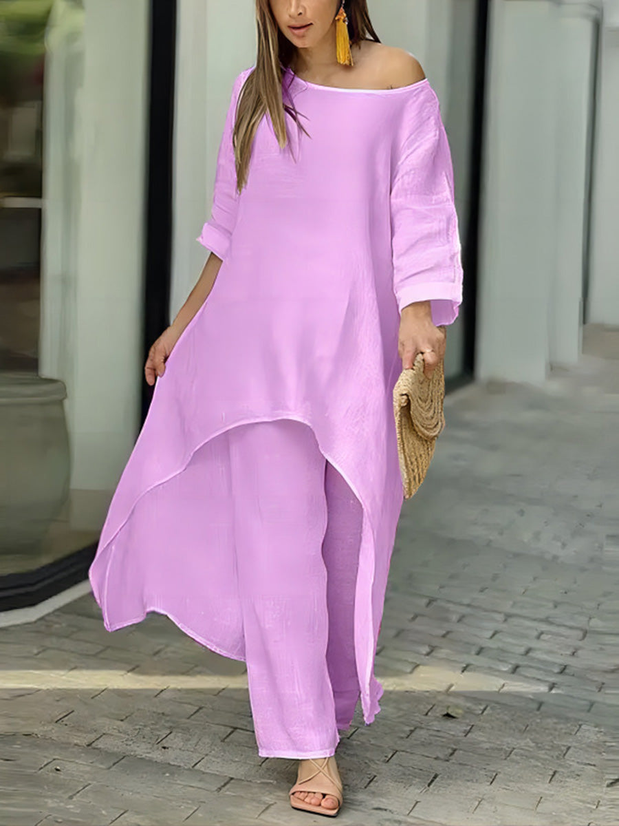 Asymmetric Solid Color High Waist High-Low Round-Neck Tops + Wide Leg Pants Bottoms Two Pieces Set