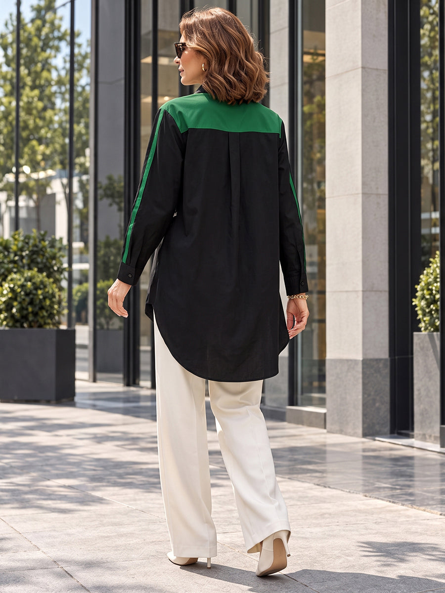 Split-Joint Contrast Color Buttoned Loose Long Sleeves Lapel Blouses&shirts Tops